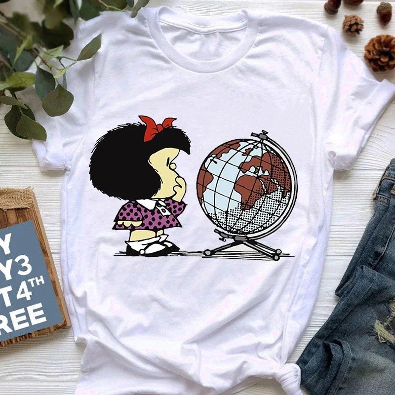 Mafalda T-shirt Women Summer Harajuku Letter Print Short Sleeve Fashion Creativity Casual Girl Tops Tee 90s Cartoon Tshirt Femme