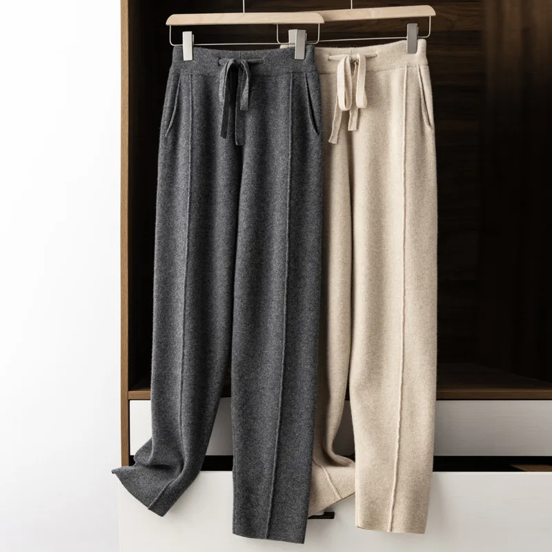 Birdtree 100% Wool High Waist Thick Straight Pants Women Pocket Loose Elegant Knit Casual Long Trousers Fall Winter New B39727QM