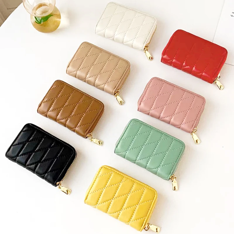 Genuine Leather Plaid Card Wallet Zipper Woman Luxury Design Organ Card Holder Lady Fashion Brand Sheep Skin Coin Purse Gift