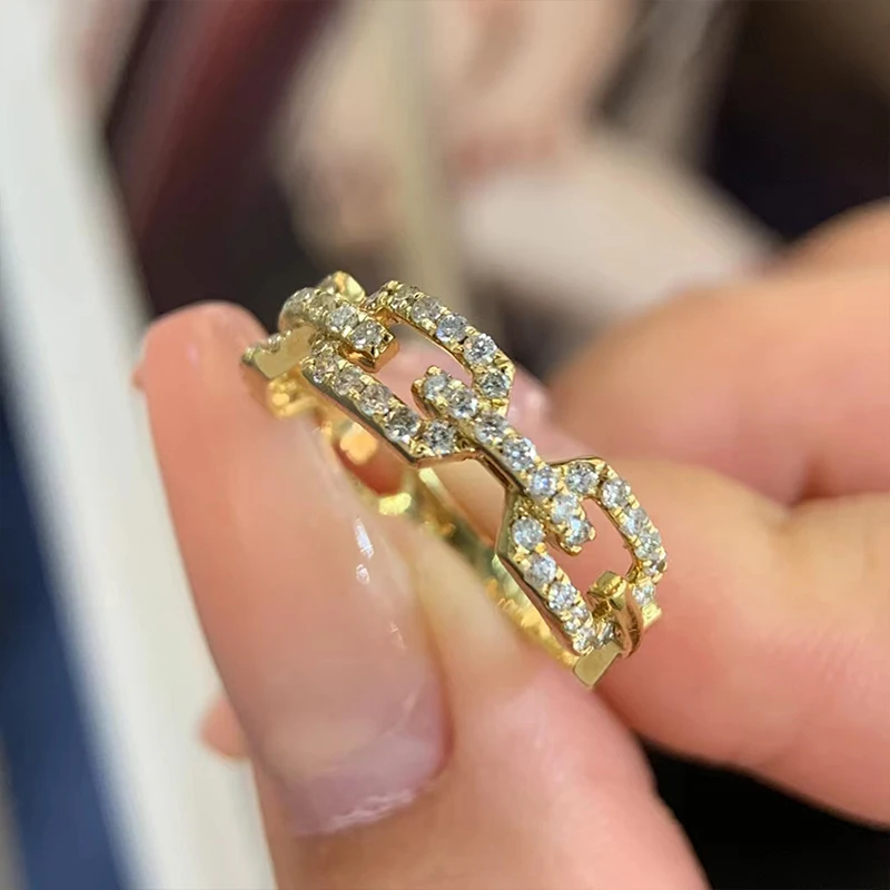 Huitan Fashion Linked Design Gold Color Rings Full Paved Cubic Zirconia Bling Bling Women Accessories Hot Trendy Rings Jewelry