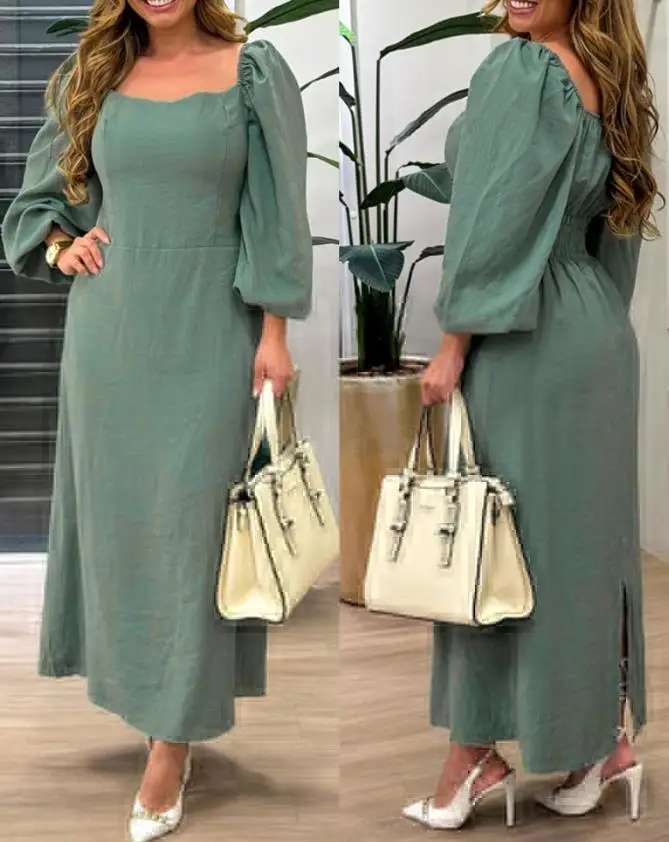 

Womens Dresses 2025 Spring New Solid Color Square Neck Puff Sleeve Shirred Midi Dress Casual Waist Back Slit Daily Long Dress