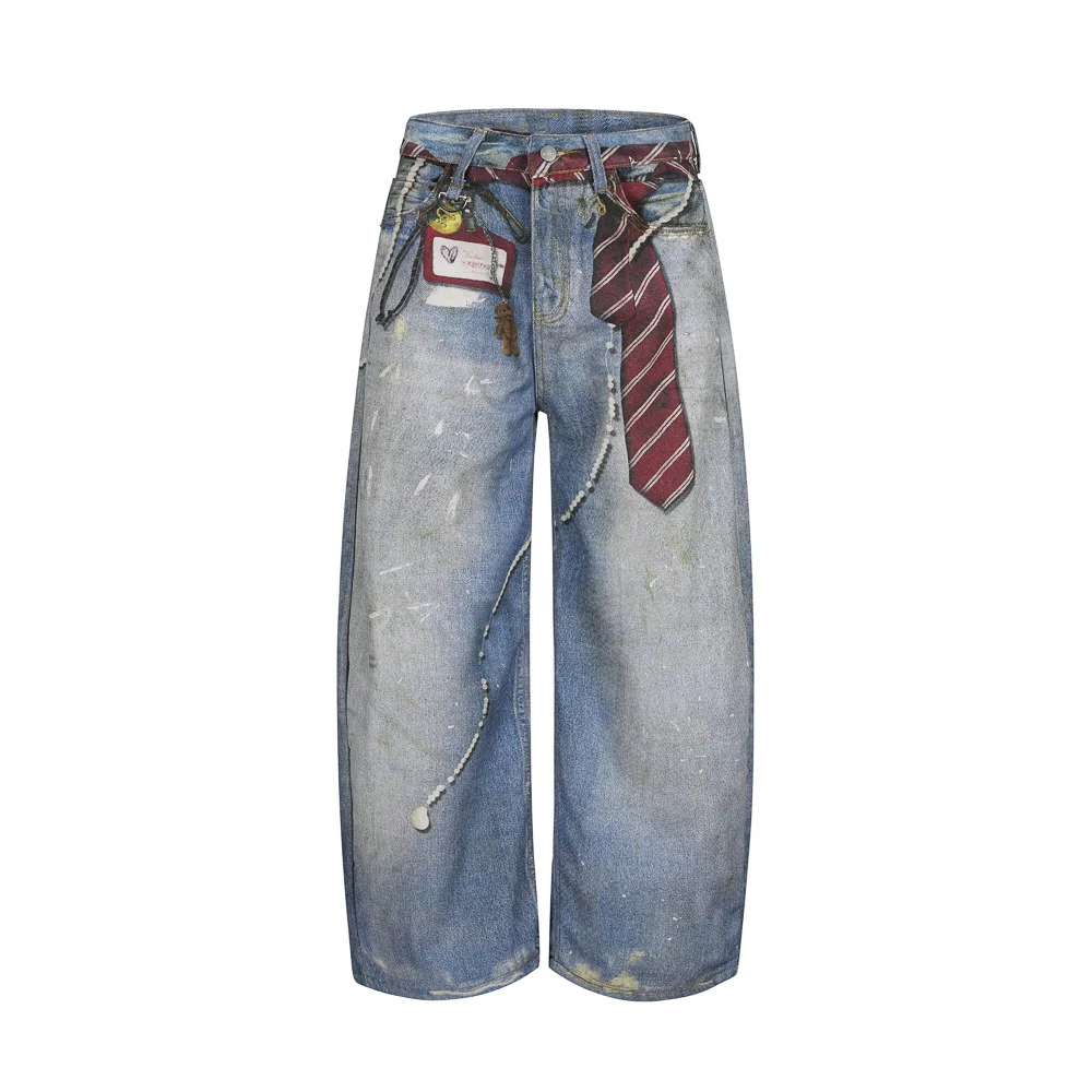 Vintage3D Print Patchwork Baggy Denim Trousers for Men Straight Casual Loose Jeans Oversized Ropa Hombre Cargo Pants