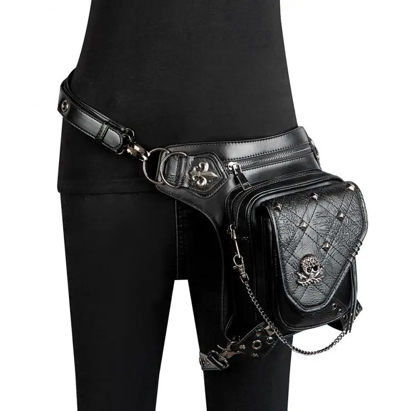 Punk Skull Rivet Crossbody Bag Medieval Motorcycle Phone Waist Bag with Adjustable Chain, Multi-Way Backpack Pu Leather