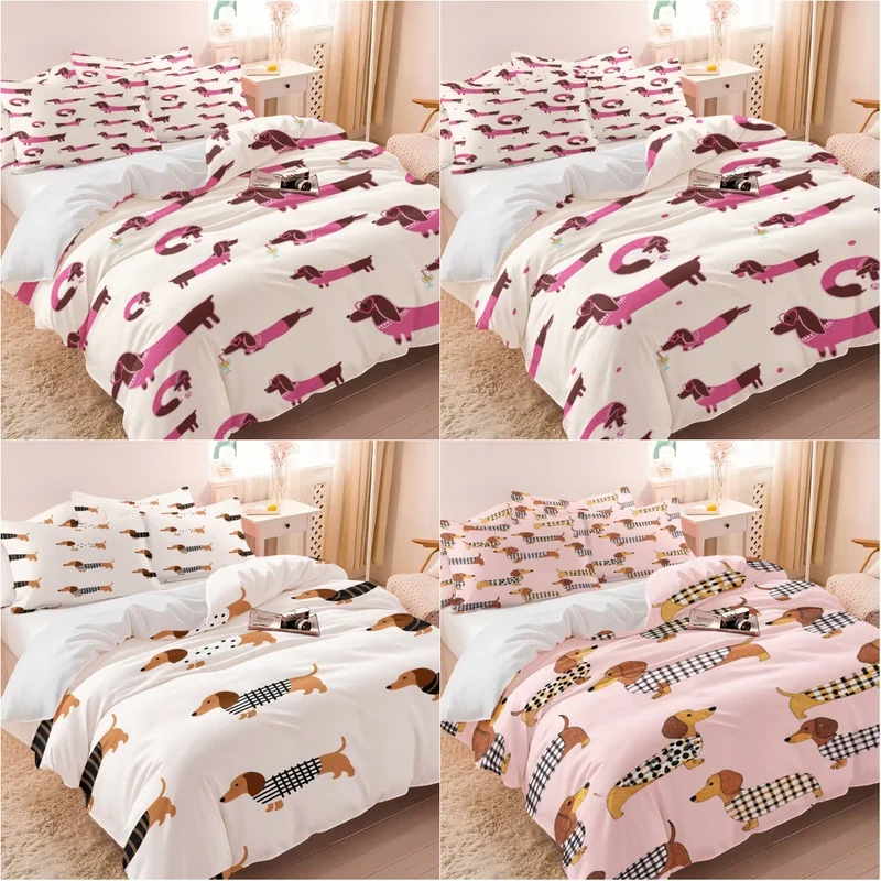 Cartoon Dachshund Print Pattern Bedding Set 1 Duvet Cover 1-2 Pillowcases for Adult and Children Luxury Gift Full Size