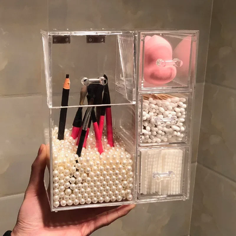 Acrylic Makeup Brushes Organizer with Pearls 3 Drawers for Cotton Pads/Swab/Beauty Egg/Nail Polish Holder Cosmetics Storage Box