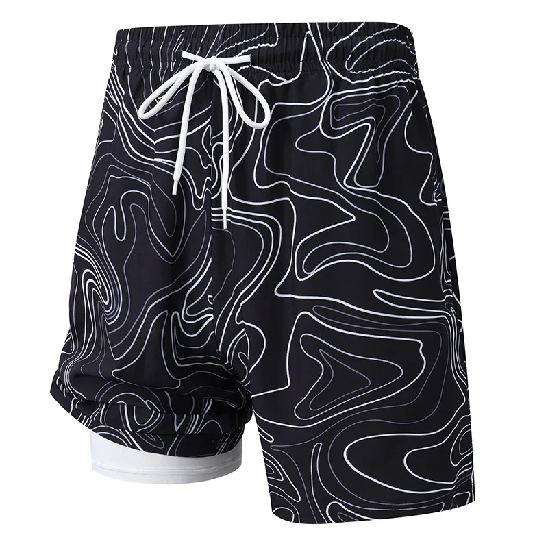 Men's Plus-Size Double-Decker Sports Leisure Outdoor Striped Fitness Running Cross-Country Climbing Camping Three-Point Shorts