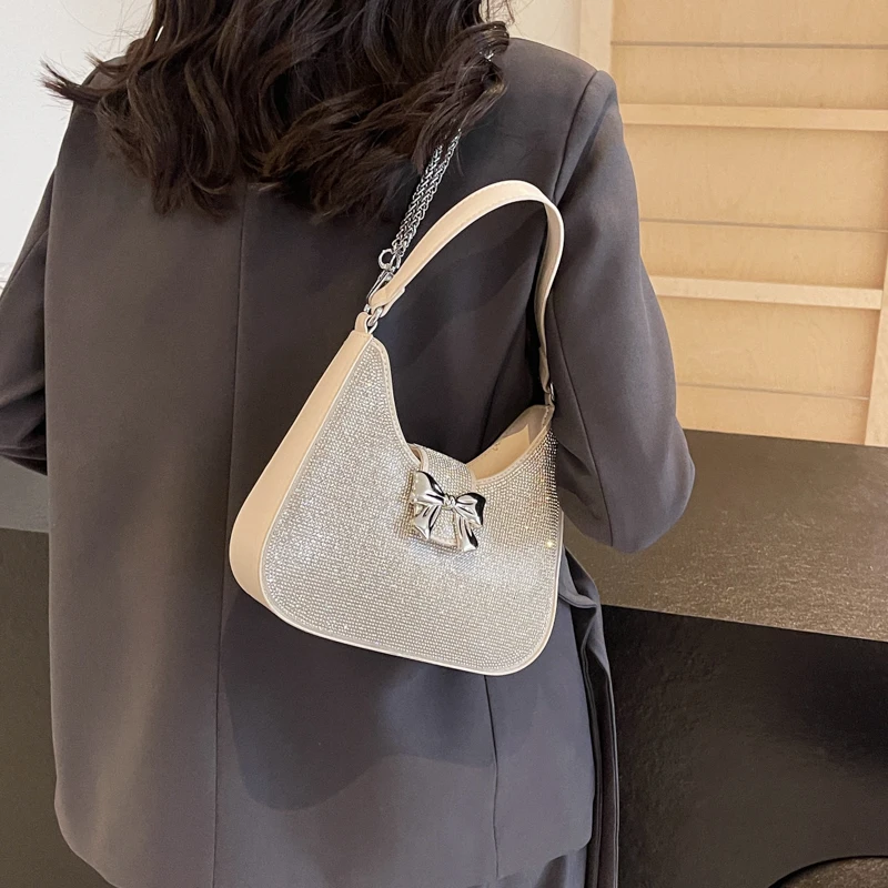 LEFTSIDE Bow Tie Design Pu Leather Shoulder Bags for Women 2024 Fashion Diamond Handbags Chain Crossbody Bag with Short Handle