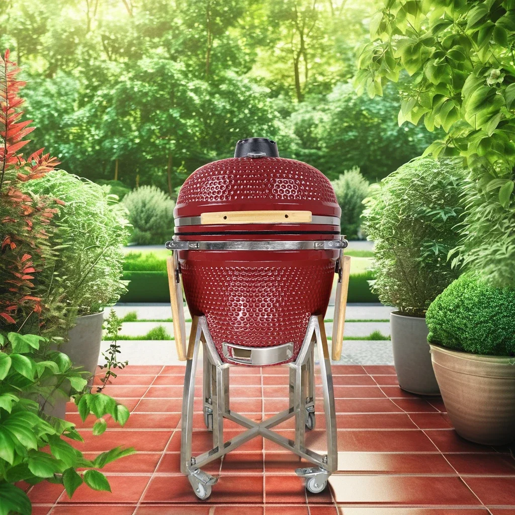 21-Inch Outdoor Kitchen Egg Ceramic BBQ Grill High Quality Iron Metal Barbecue with Trolley for Home Use Great for Baking