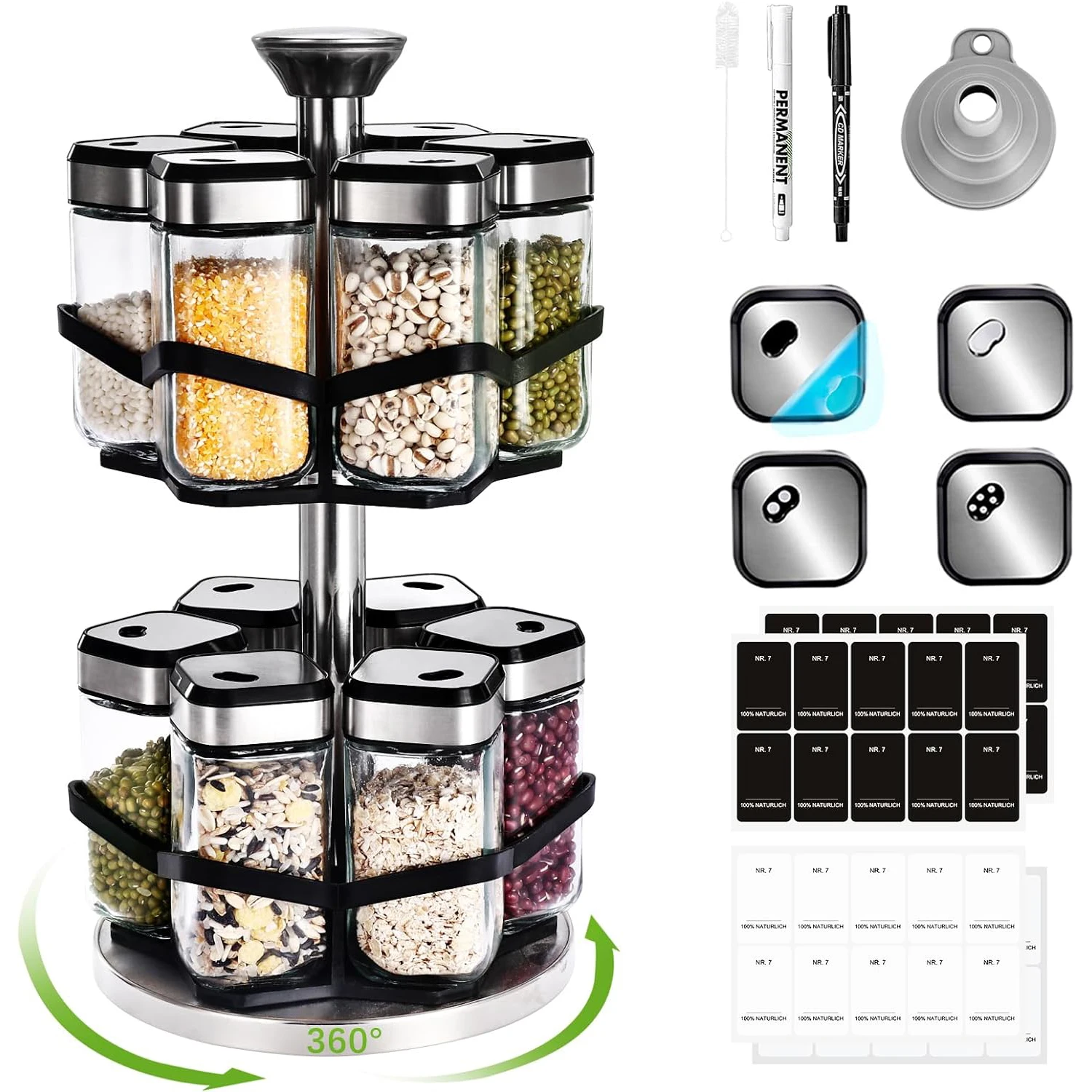 SIAZIH 2-Layer 360° Rotating Stainless Steel Spice Rack with 12 120 ml Spice Jars with Rotating Lids, for Easy Access to Spices