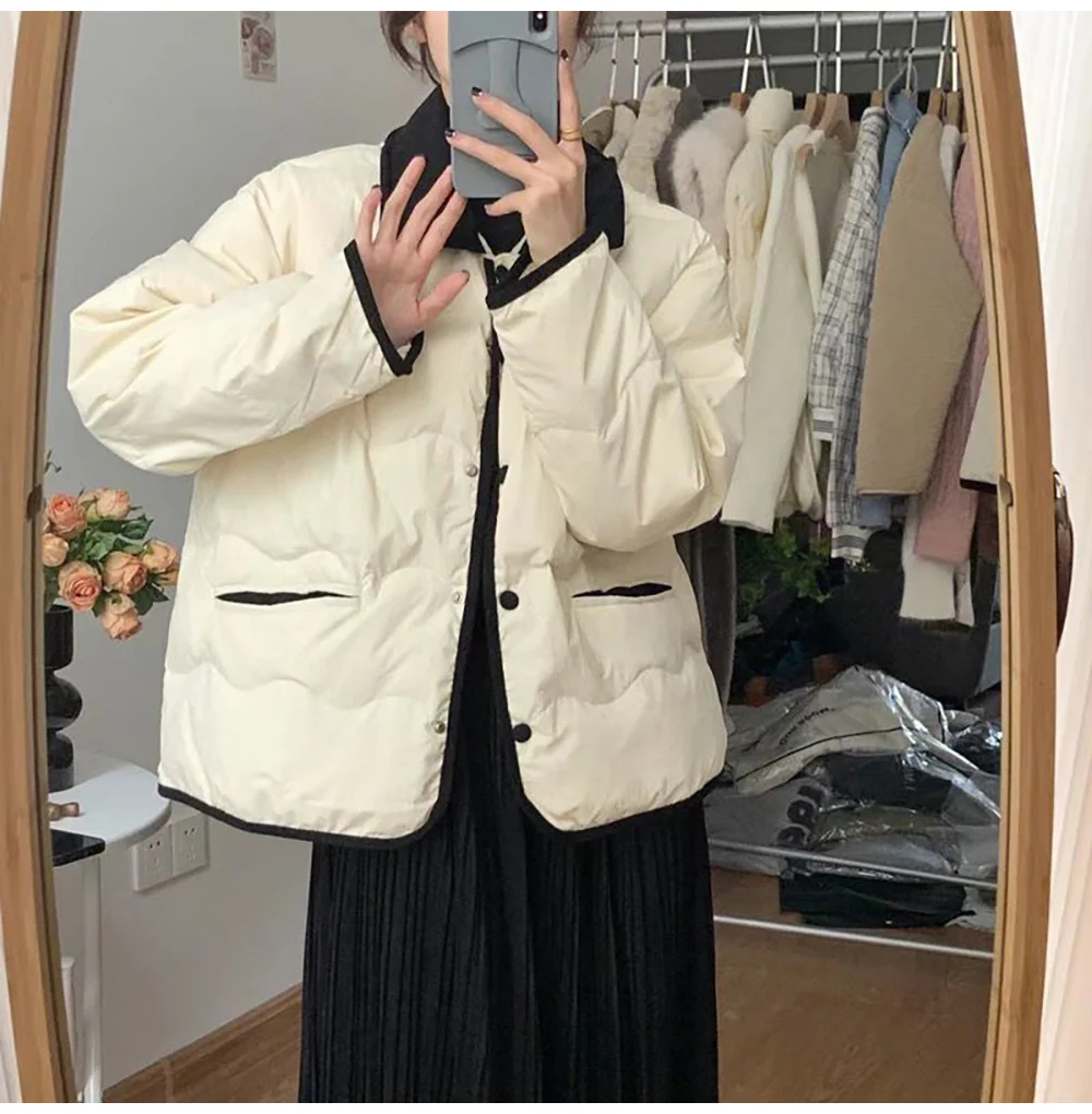 Women\'s Quilted Jacket Korean Style Loose Cotton Coats Outerwear Autumn Winter Turn Down Collar Single-Breasted Warm Coat