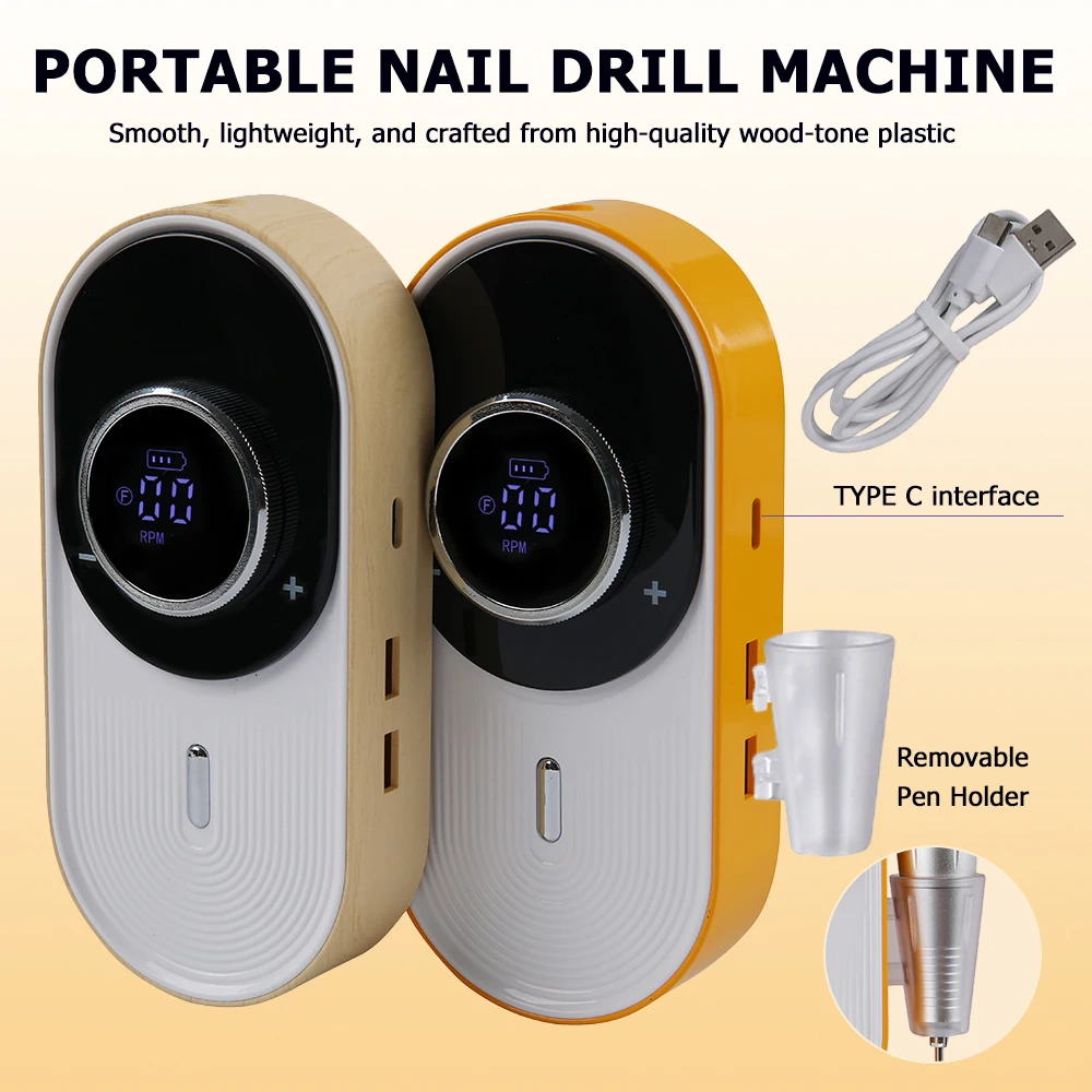 Trapano per unghie professionale da 45000 giri/min con lima per unghie elettrica ricaricabile dal design tono legno per strumenti per manicure da salone e domestico