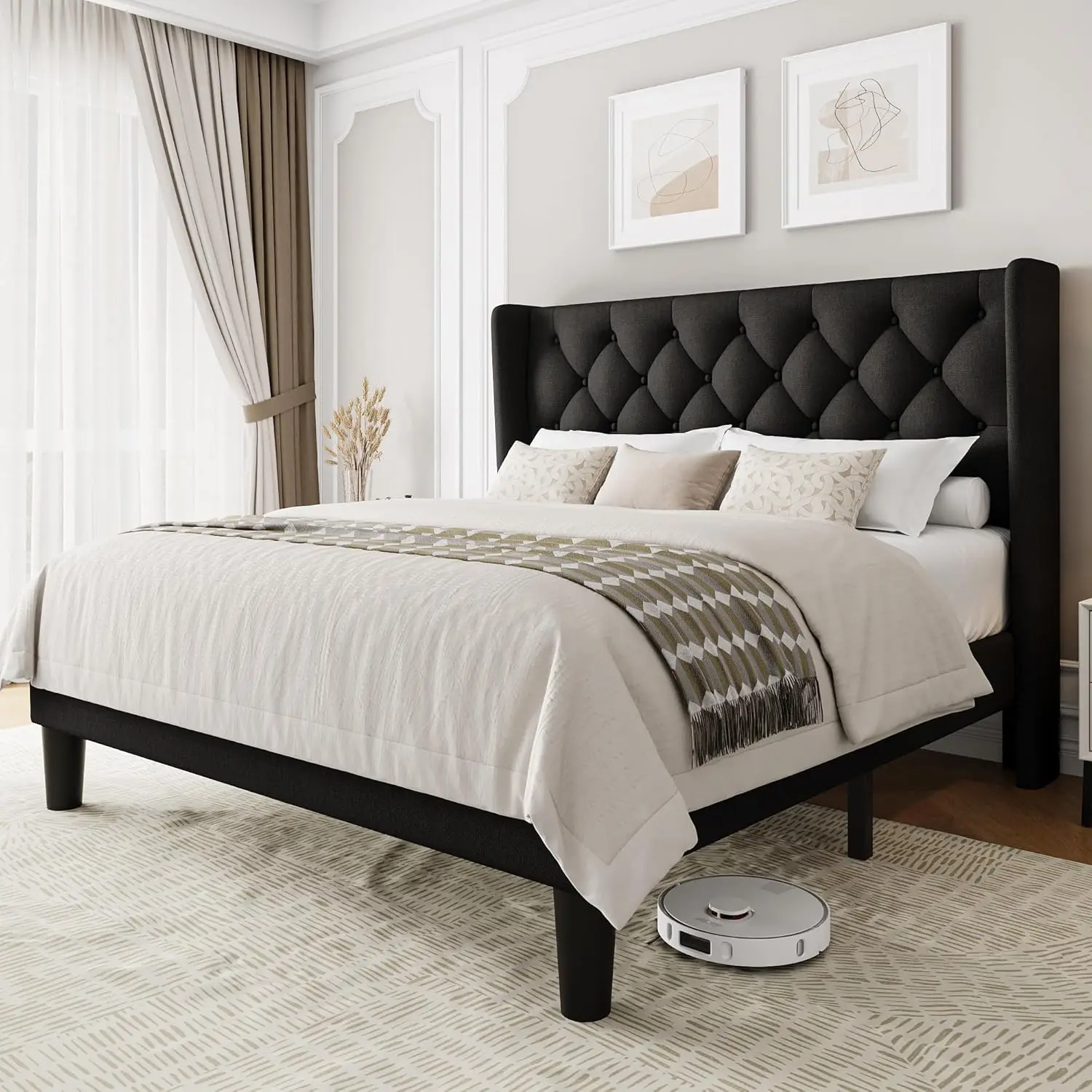 

Black Queen Size Platform Bed Frame with Fabric Upholstered Wingback Headboard, 12" Under Bed Space, Wooden & Metal Slat