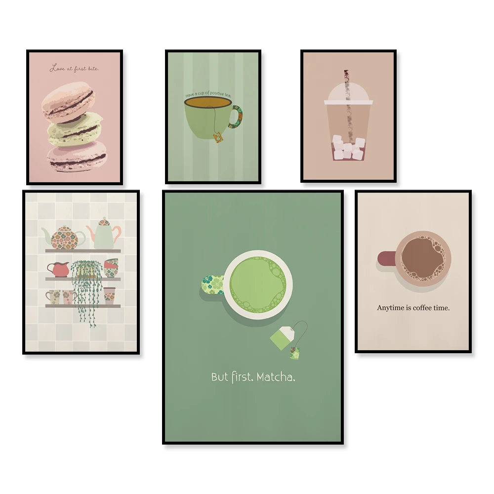 (2D Canvas Painting)  Coffee Cup，Tea Wall Art, Macaroons Print | Matcha Tea Print | Tea Mug Wall Art | Kitchen Prints | Tea L