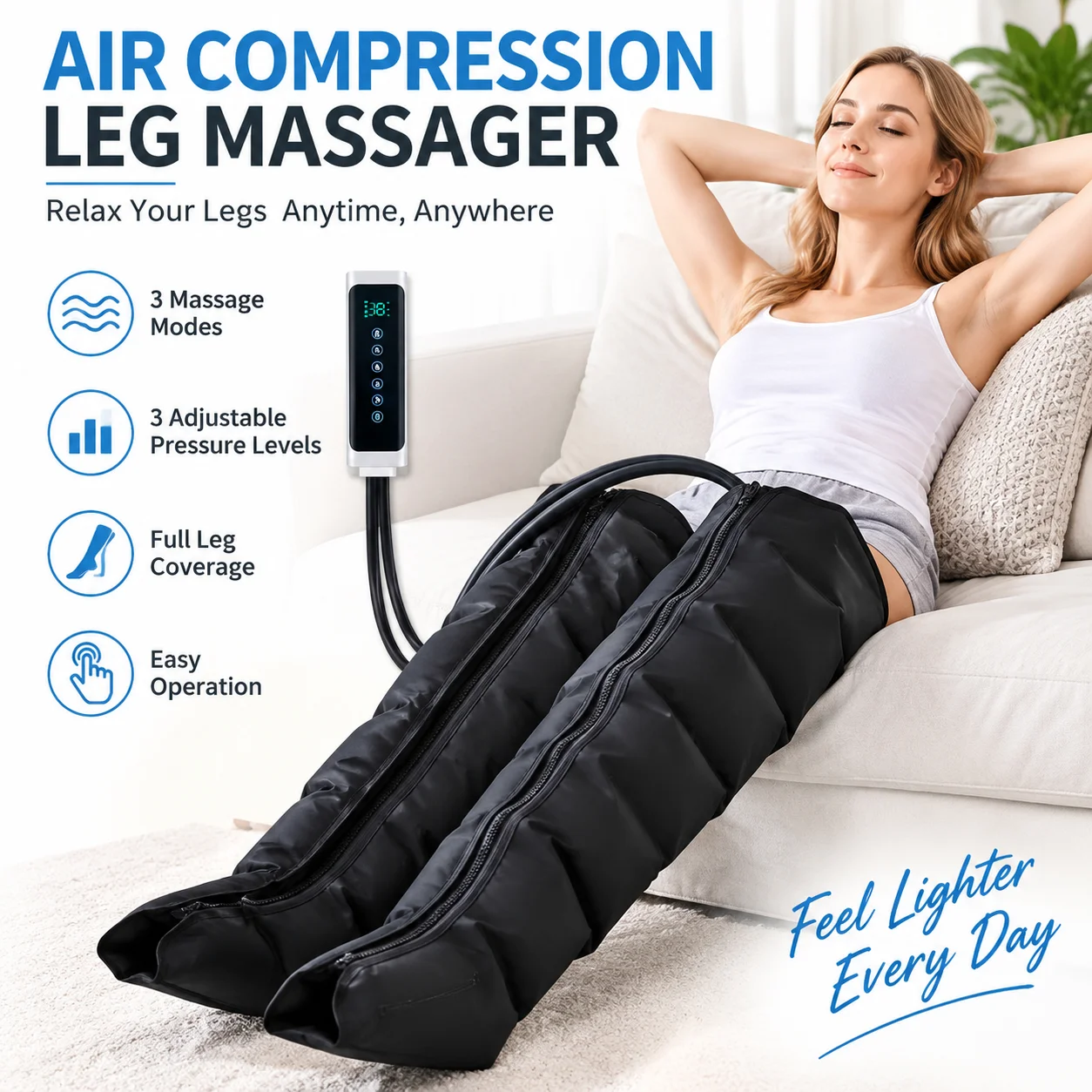 Air Compression Leg Massager with Remote Control 3 Intensities for Foot Calf Thigh Relaxation Home Best Gift for Parents Friends