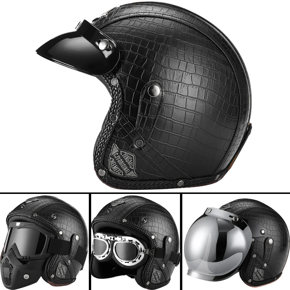 Retro Vintage Summer Autumn 3/4 Motorcycle Helmet PU Leather Open Face Helmet Jet Motorbike Scooter Cruiser Chopper Casco Moto