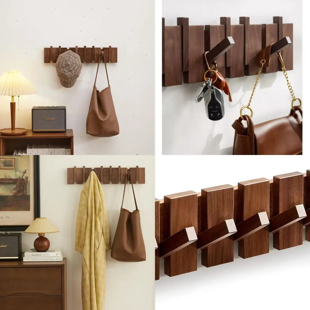 

Walnut Wall-Mounted Coat Rack with 8 Hooks for Coats, Keys, Hats, and Bags