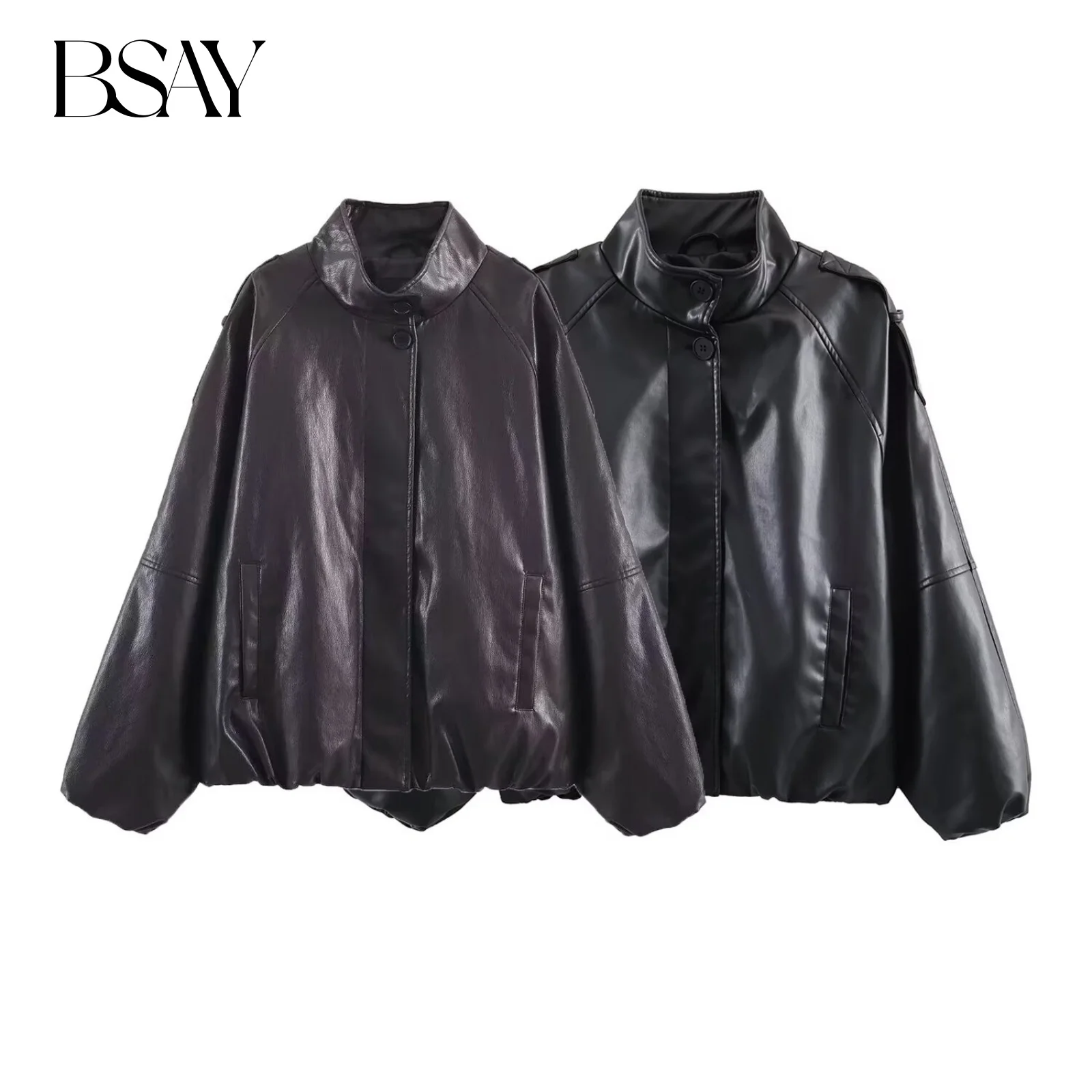 

BSAY Imitation Leather Jacket for Women Fashion Autumn Winter New Solid Long Sleeve Single-breasted Stand Short Jackets Coat