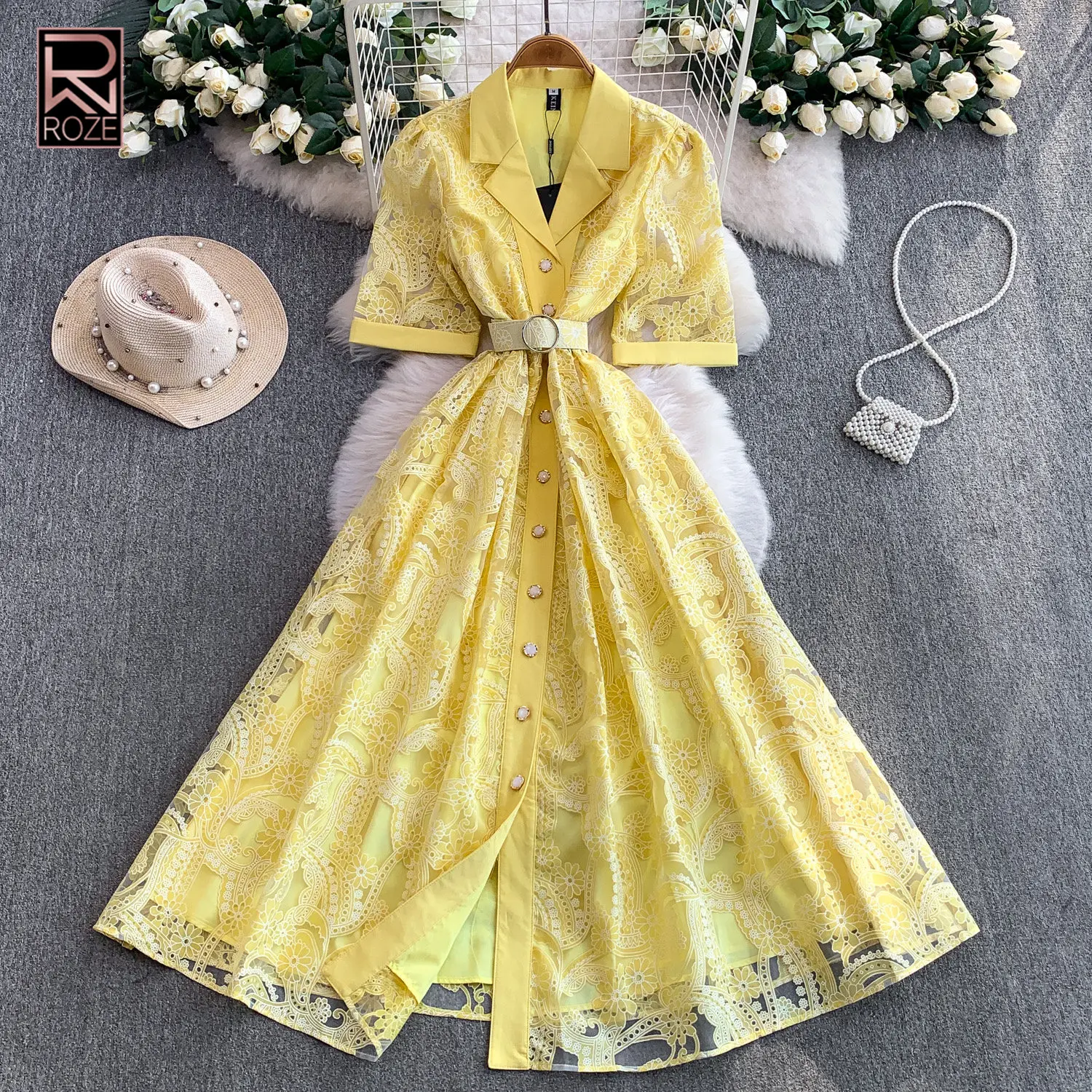 

French High-End Design Sheer Mesh Patchwork Print Blazer Collar Dress Women Spring Autumn Tie-Waist Knee-Length Dress