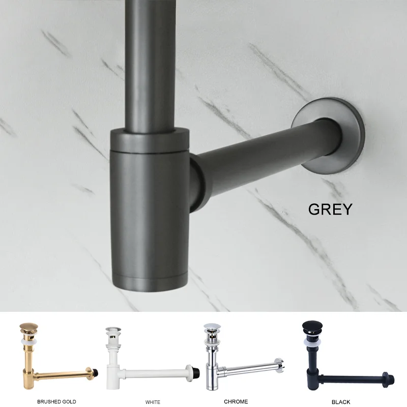 Bathroom Brass Round Bottle Siphon Trap Lavatory Basin Waste Stopper Drain P-Trap Washbasin Sink Pop up Drain White Black Grey