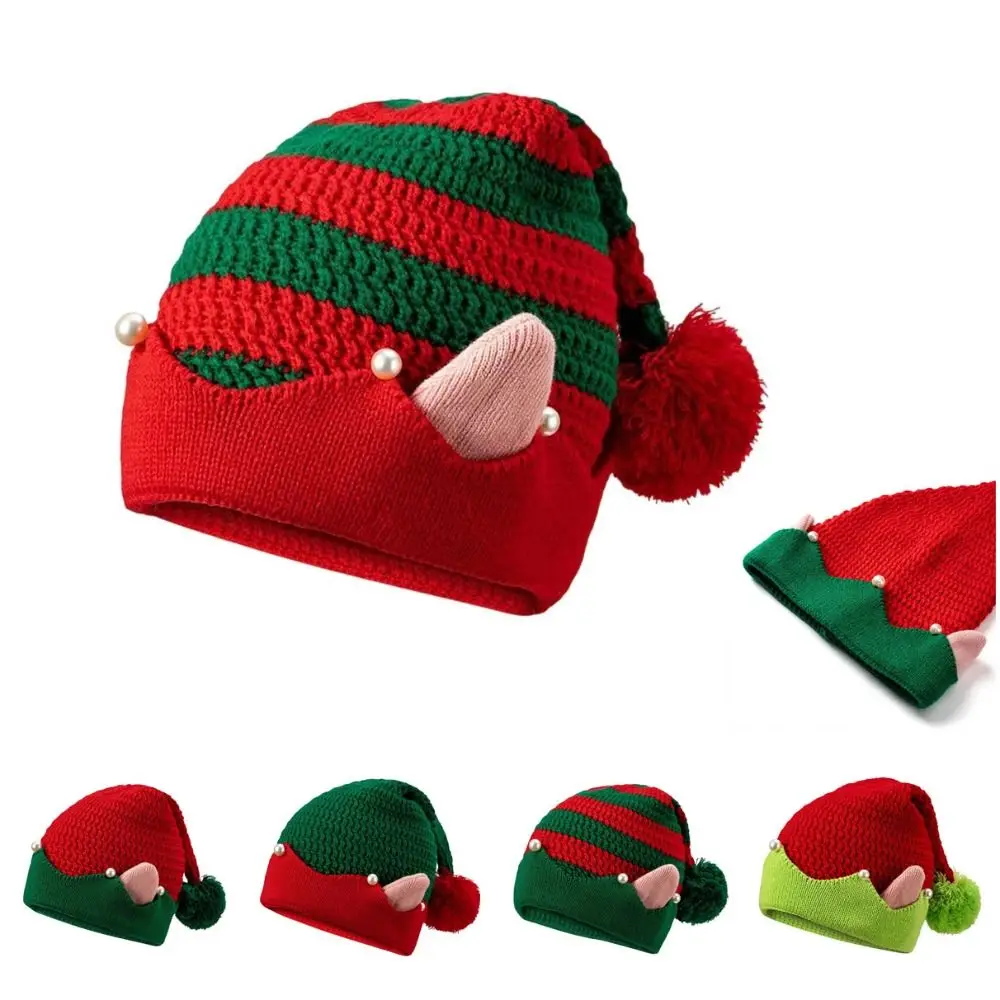 

Christmas Holiday Gift Striped Pattern Christmas Hat Jacquard Knitted Xmas Cap Wool Ball with Small Ears Knitted Hat Winter