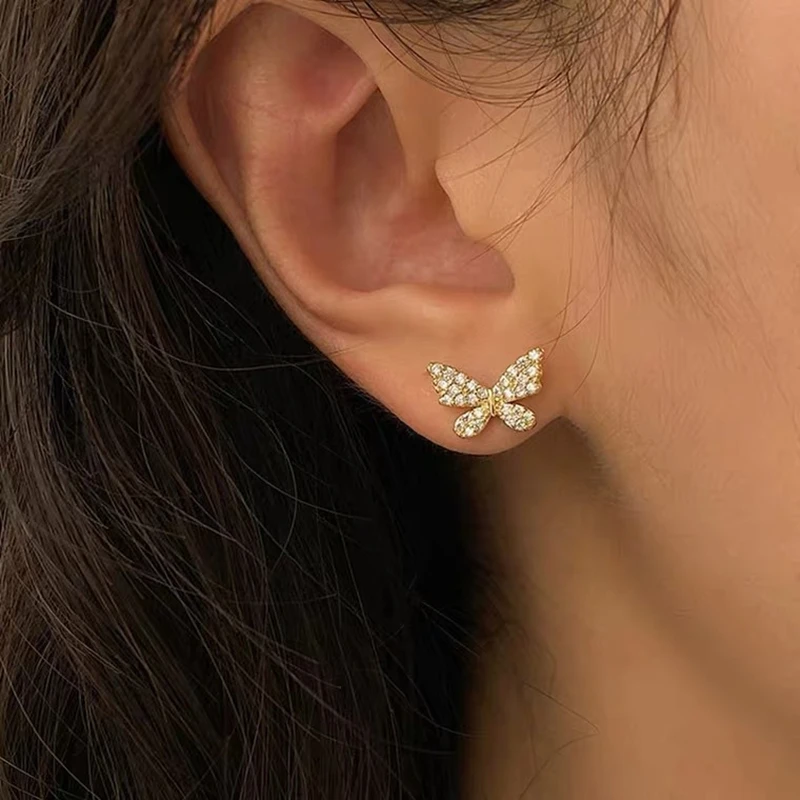 Korean Elegant Rhinestone Butterfly Stud Earrings For Women Girls Cute Fashion Metal Cuff Chain Tassel Boucle D\'oreille Jewelry