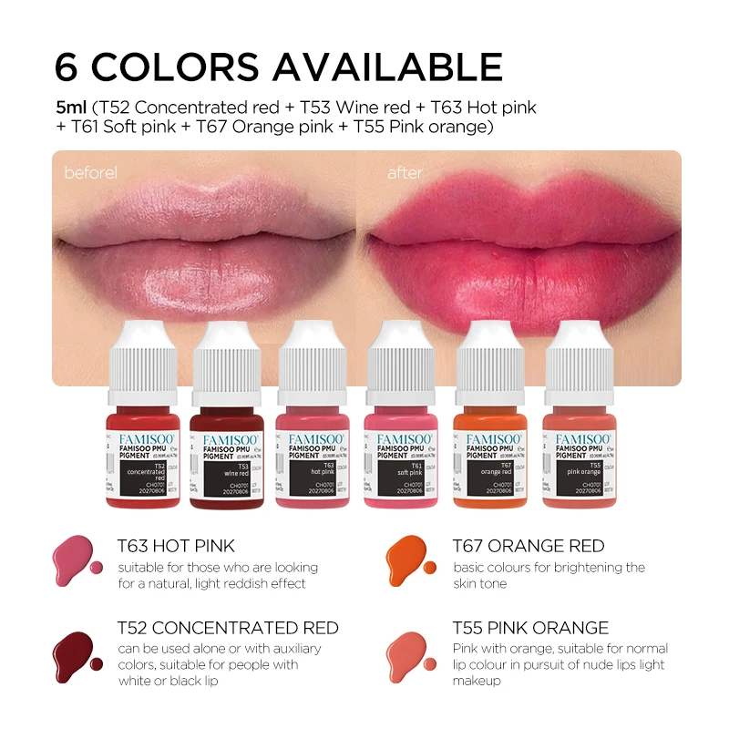

Permanent Makeup Pigments 5ml PMU Lip Tattoo Ink Micro Semi Permanent Ink Tattoo Supplies for Tattoo Eyebrow Eyeliner Lip