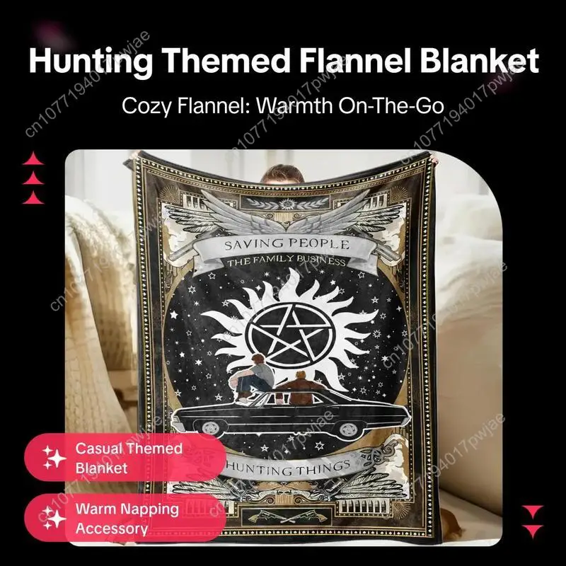 Figure & Sun Pattern Flannel Blanket, 1 Count Hunting Things Themed Casual Soft Throw Blanket with Storage Bag Cozy Blanket Thr