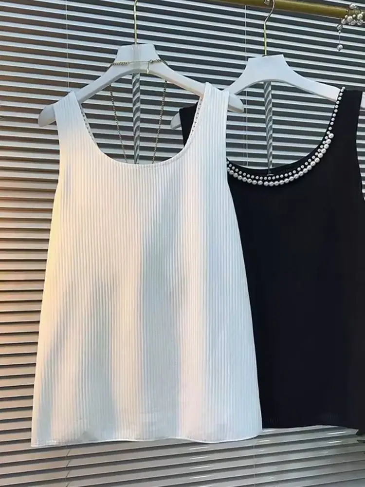 Oversized Tops Summer Tanks Women's Clothing Sleeveless Beading O-neck Tees Chic Korean Camis Vintage White Vest Ropa Mujer 2026