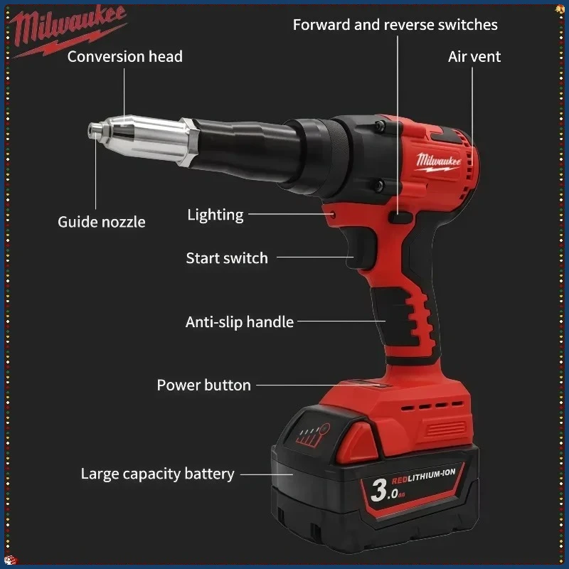 Milwaukee 4.8MM Cordless Electric Riveter Gun Brushless Rivet Riveting Tool Dengan Lampu LED Untuk Baterai Milwaukee