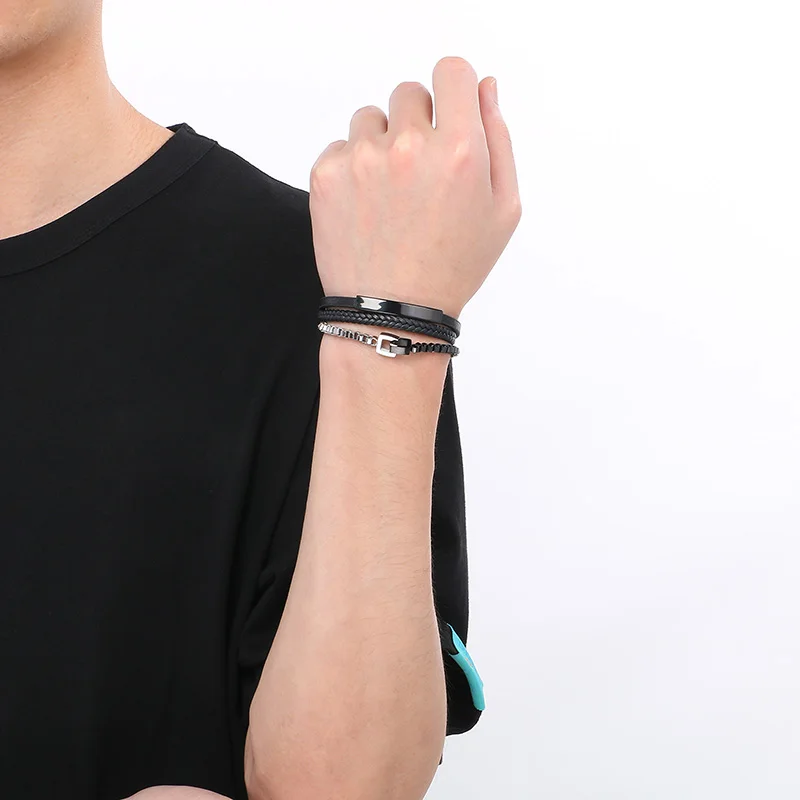 Creative Square Charm Cowhide Bracelet for Men Hip Hop Golden Stainless Steel Leather Bracelet Personalized Trend Jewelry Gift