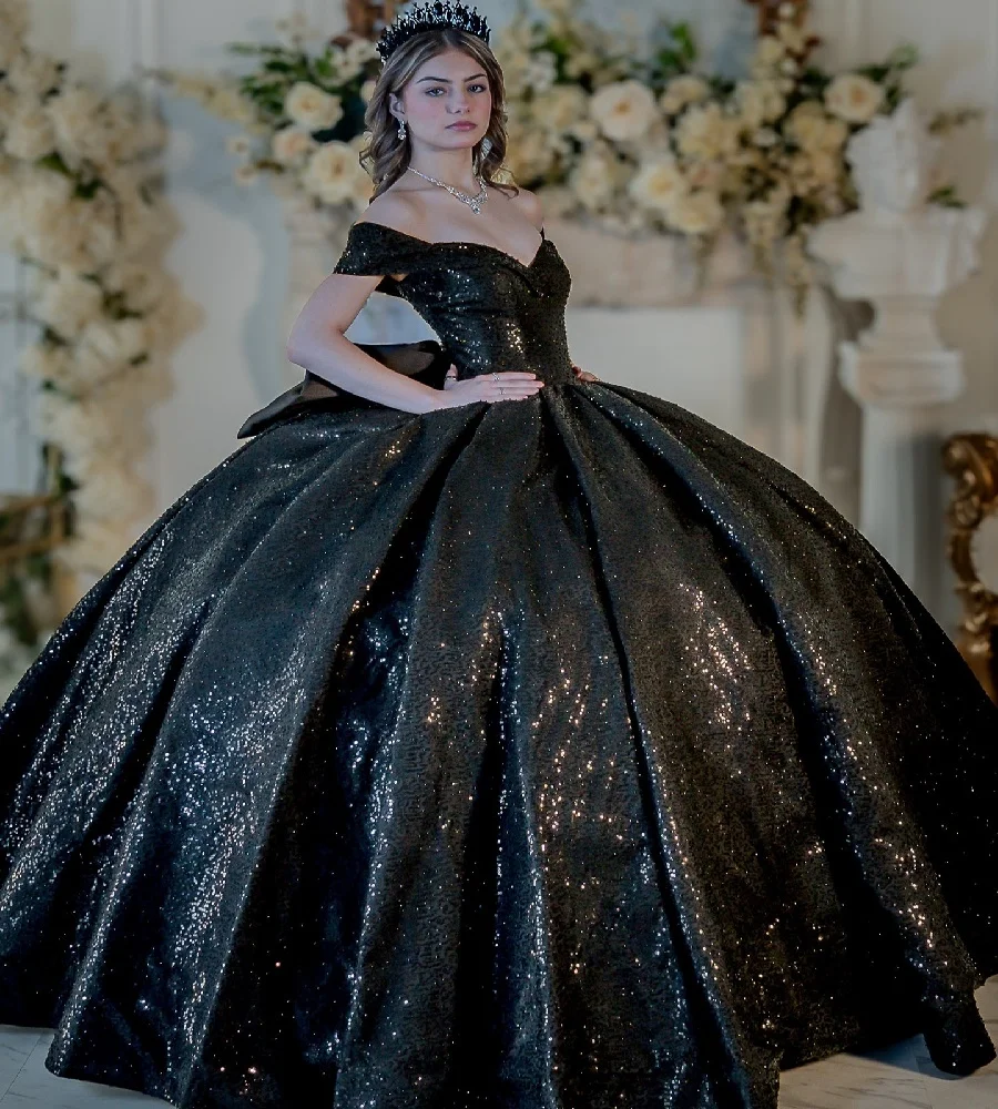

Shiny Sequin Black Quinceanera Dresses With Big Bow Puffy Off Shoulder Vestidos De 15 Quinceañeras Sweet 16 Dress 2025Customized