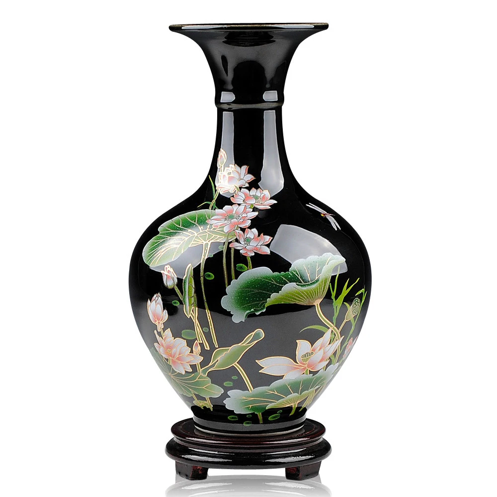 Sharply Glaze Black Lotus Pattern Ceramic Vase For Home Sitting Room Adornment Flowers Decoration