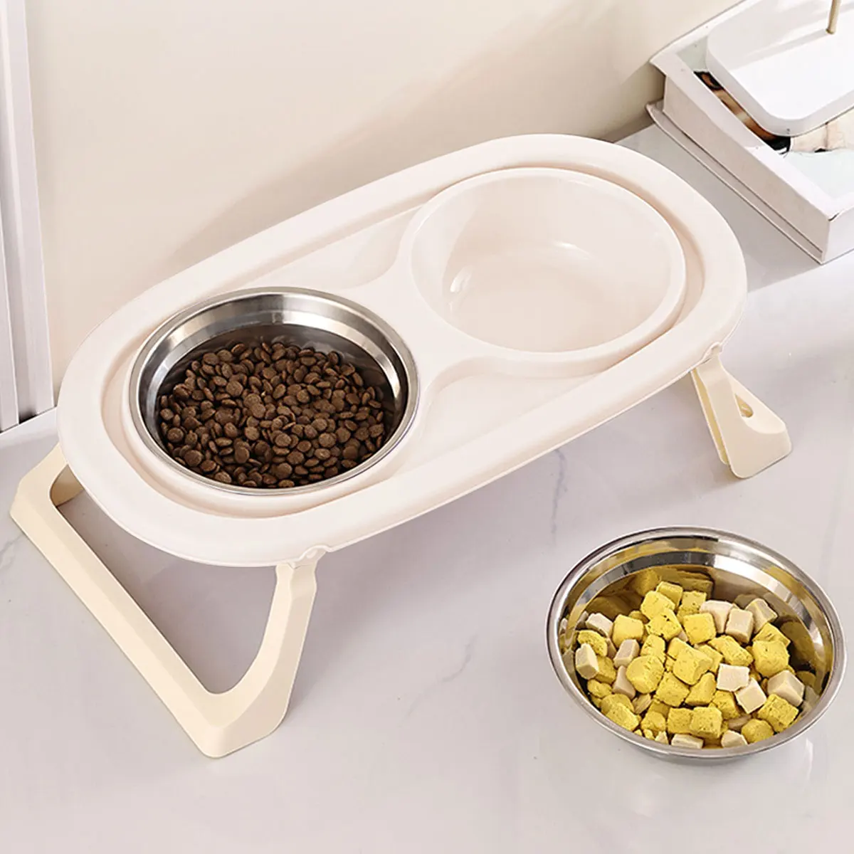 1PC Foldable Stainless Steel Pet Bowl Cat Food Bowl Cat Bowl Dog Food Bowl Neck Protection High Foot Double Bowl