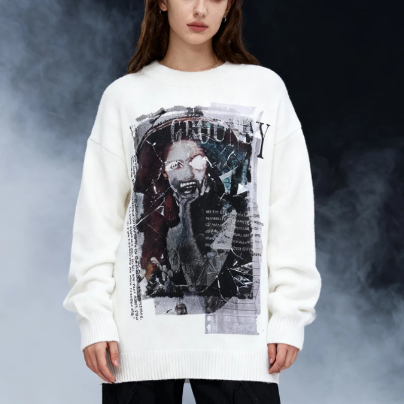 

Oversized knitted sweater with horror collage pattern print, unisex avant-garde streetwear aesthetic y2ksweater