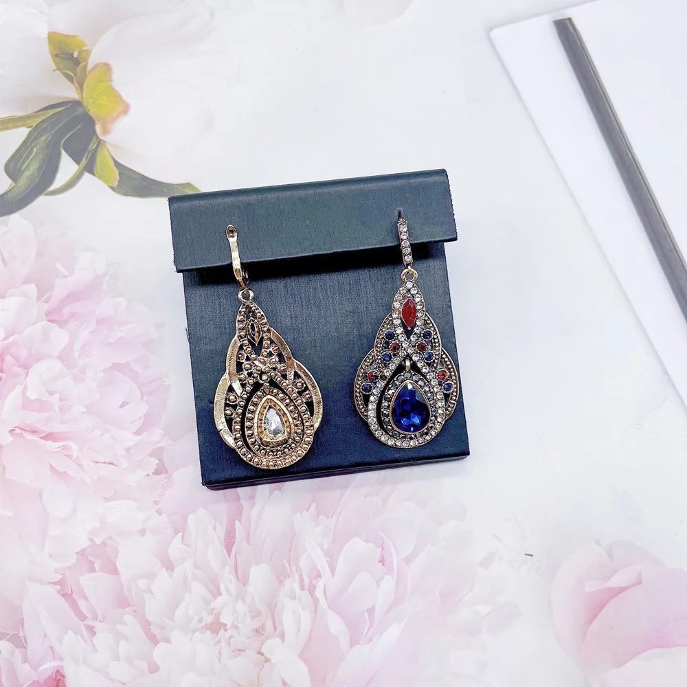 Neovisson Turkish Women Blue Earrings Antique Gold Color Handmade Arabesque Resin Flower Long Drop Earring