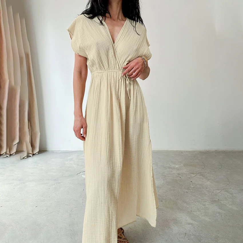 

Muslin 100% Cotton Dress Women Lace-up V-neck Loose High Waist Short Sleeve Maxi Dress Summer Beach Sundress Lady Robe Femme Été