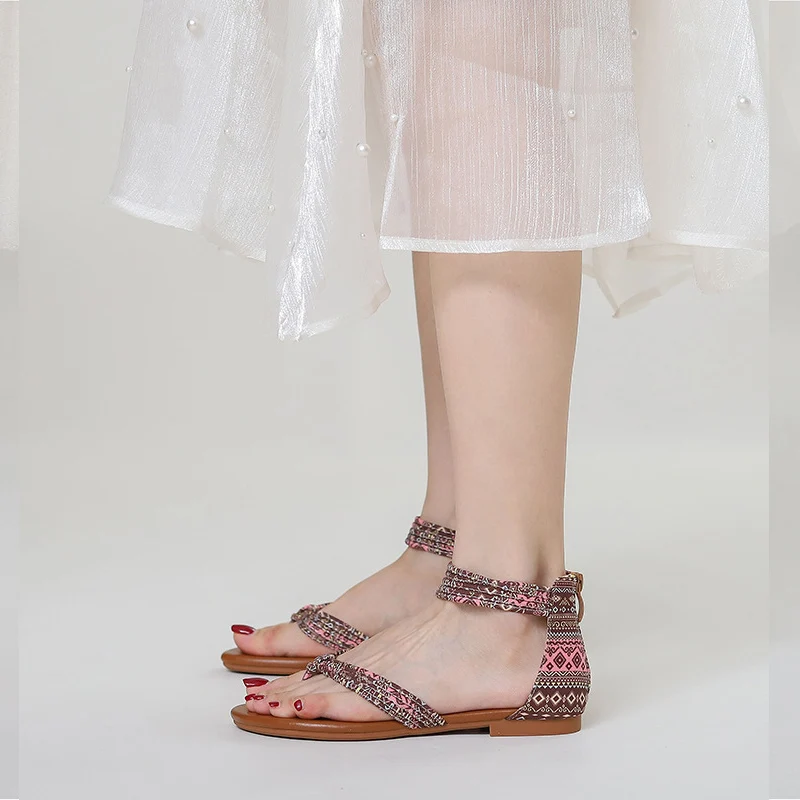 Low Sandals Woman Leather Summer Mid-Calf Strap All-Match Suit Female Beige Women’s Shoes Large Size Low-heeled Gladiator