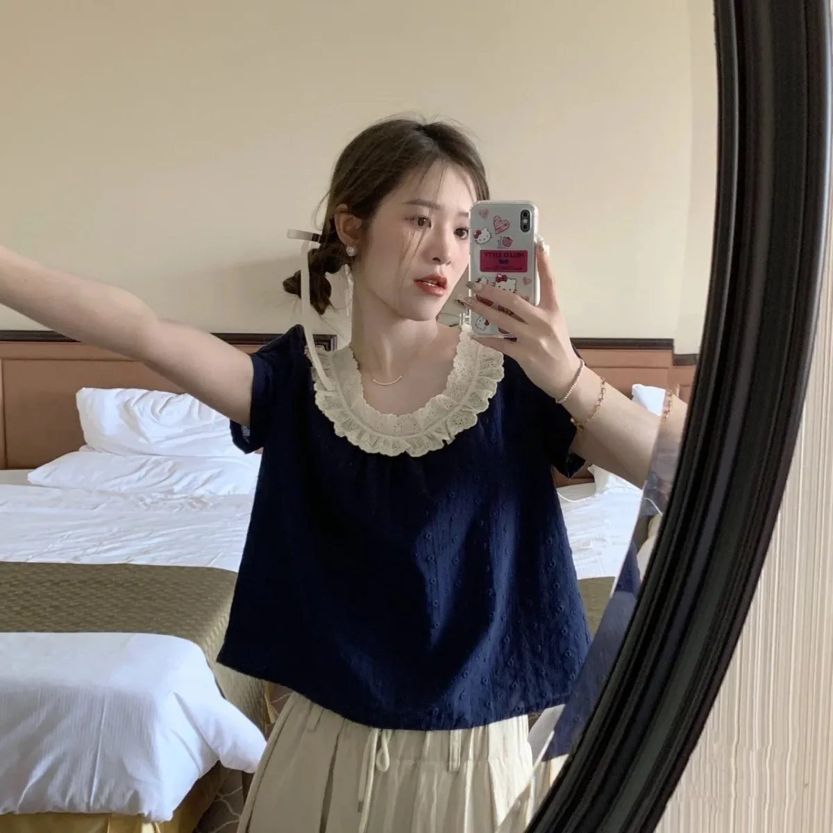 

Сетчатые плиссированные укороченные рубашки с короткими рукавами, женские устойчивые к морщинам, модные, городские, художественные, студенческие, молодежные, легкие