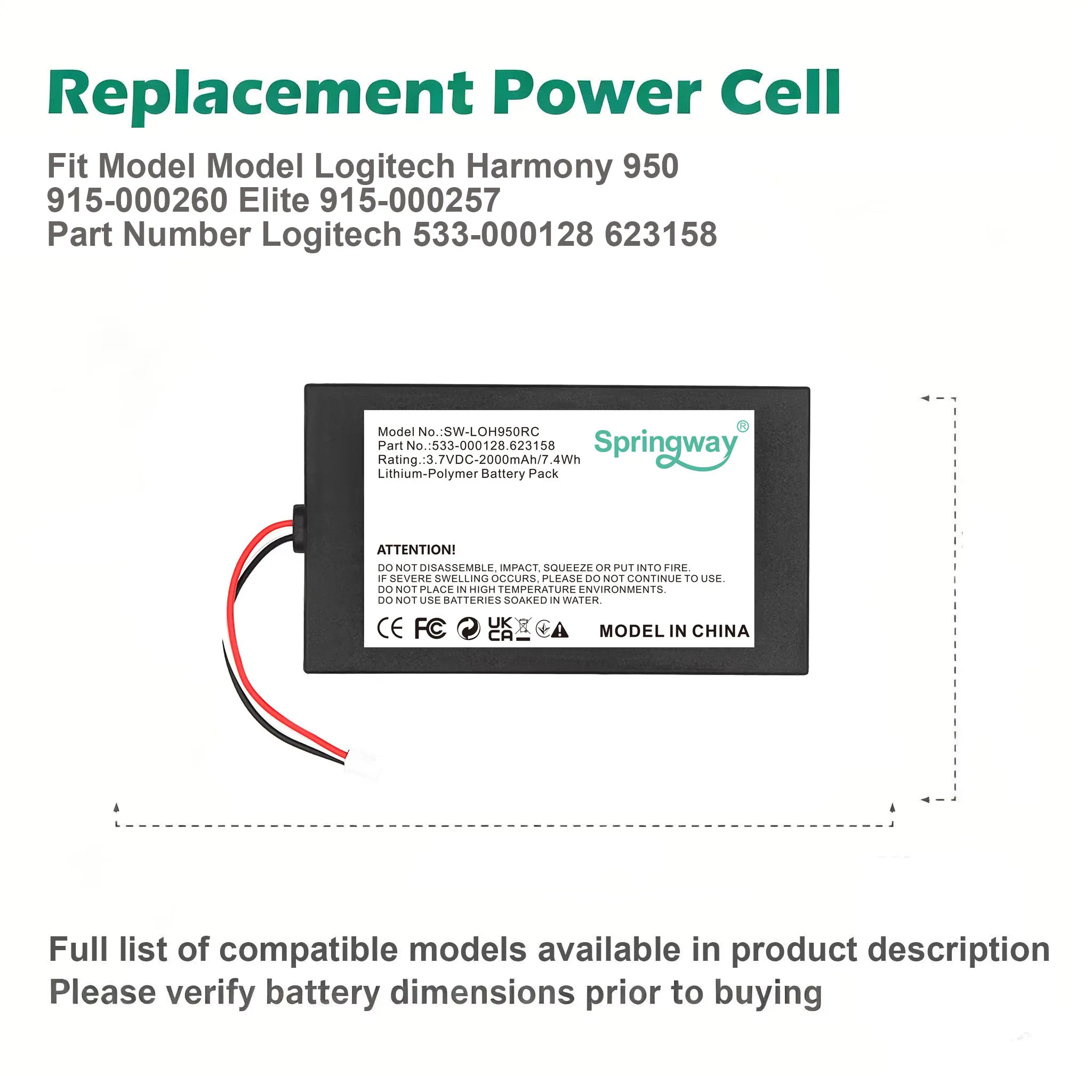 SPRINGWAY 2000mAh Replacement Battery for Logitech 915-000257 915-000260 Elite Harmony 950 533-000128 623158