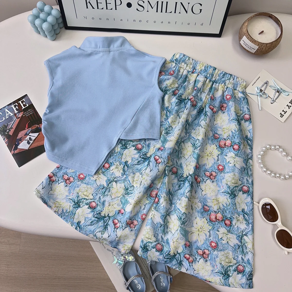 Girls Fashion Summer Set New Childrens Solid Color Sleeveless Top Baby Girl Wide Leg Pants Two Piece Set