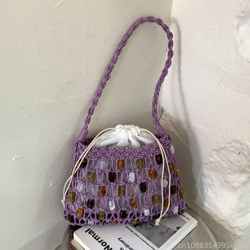 

Women's Shoulder Bag Large Capacity Crochet Tote Bag Color Block Beaded Hollow Out Mesh Beach Vacation Travel Summer