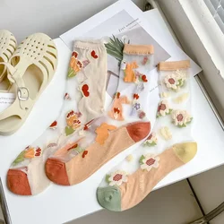 Lace Socks Women Summer Ultra-thin Transparent Crystal Silk Socks Floral Embroidery Japanese Kawaii Cartoon Cute Glass Silk Sock