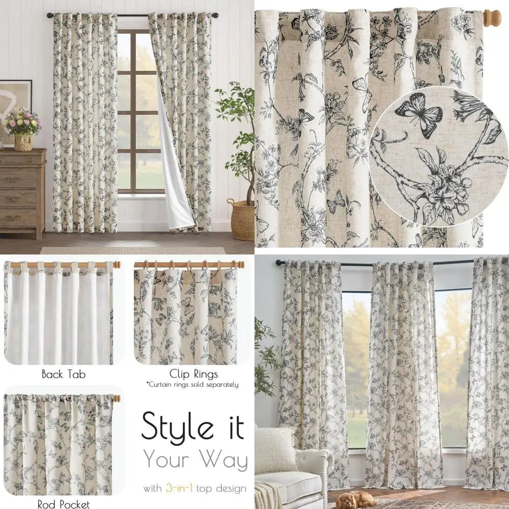 

Vintage Black & Beige Linen Curtains, 90 Long, Back Tab, Light Filtering, 2-Panel Set for Home Decor