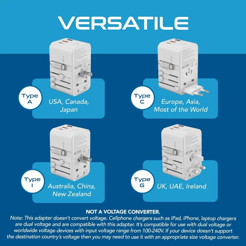 70W Global Travel Adapter with 65cm Retractable USB-C Cable, Dual USB-A Ports (One with QC 3.0), and 1 USB-C Port for 70W Power
