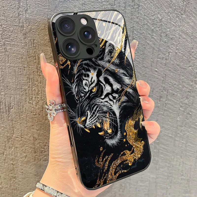 

Fashion Golden Tiger Pattern Tempered Glass Phone Case For iPhone 17 16 15 Pro Max 14 13 12 11 17Air 16E 7 8 Pus XR XS X Cover