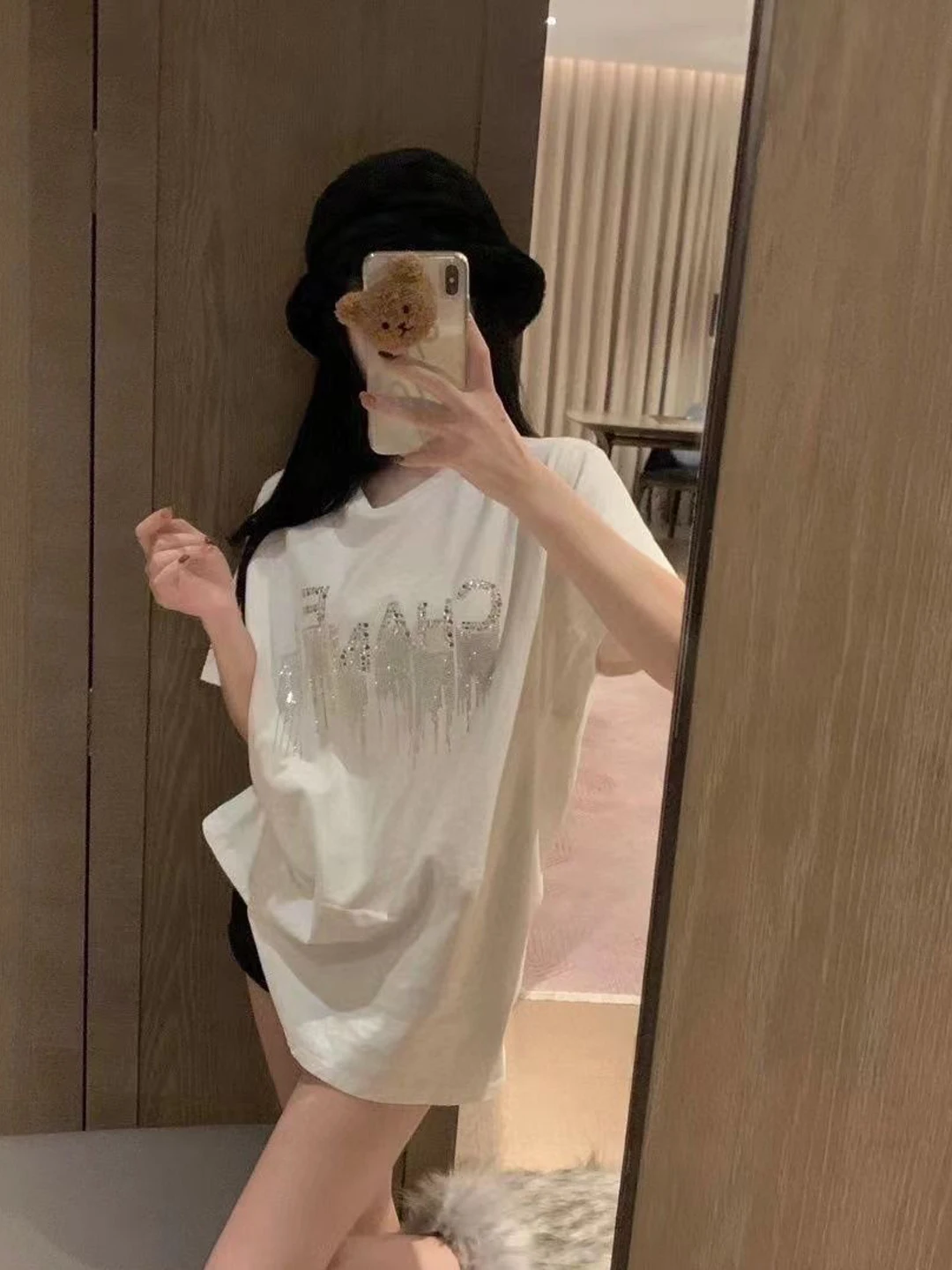 

00% Cotton Heavy Embellied ort Sve T-irt Women's Loose Fit Summer Versatile Bot f Missing Top Korean Sle