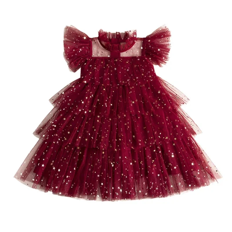 Girls Tulle Summer New Princess Dresses Fly Sleeve Sequined Star Ruffle Mesh Layered Dress Children Birthday Party Girl Vestidos