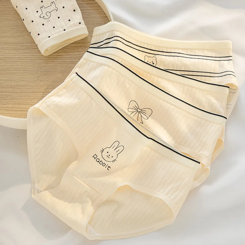 5Pcs/Set Women's Cute Cartoon Briefs Female Cotton Panties Soft Breathable Panty Mid Waist Underwear For Girls Teens Underpants