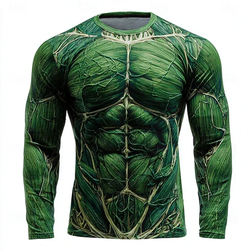 2026 Neues Herren-T-Shirt mit Kreativem Muskelstruktur-Print, Schnelltrocknend, Rundhals, Langarm-Oberteil, Lässiger Langarm-Pullover für Männer – Detail 6