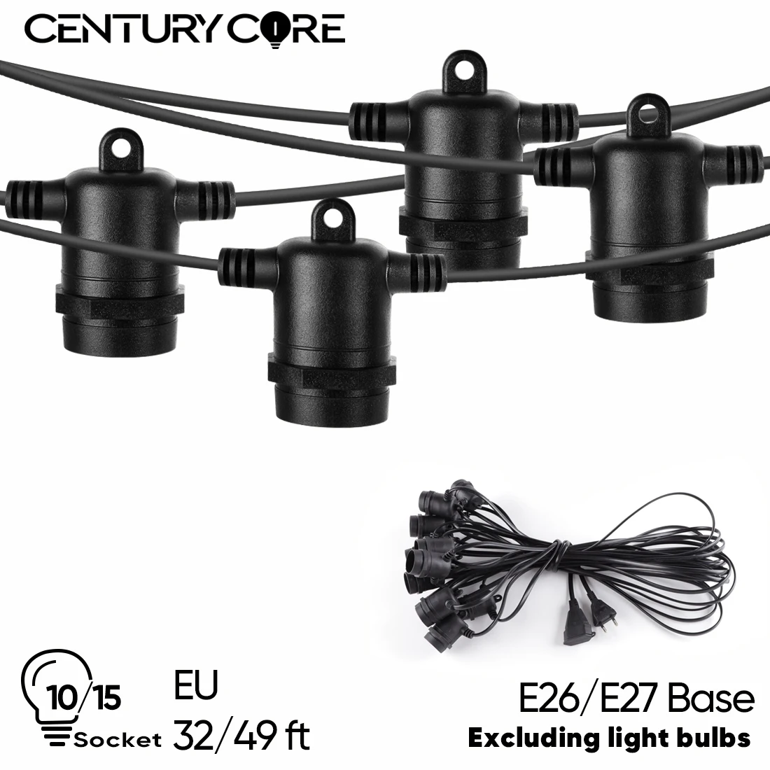 E27 Outdoor String Light Stringer E26 Light Socket Stringer EU Set Spool Black Lights String Wedding Patio Event Lighting Decor